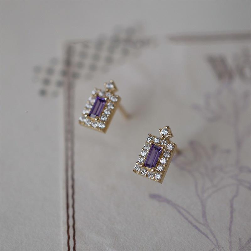 14K Gold-Plated S925 Sterling Silver Purple Perfume Bottle Stud Earrings with Diamonds - Mini French Elegant Romantic Design. 14K Gold Pair (with Earplugs)