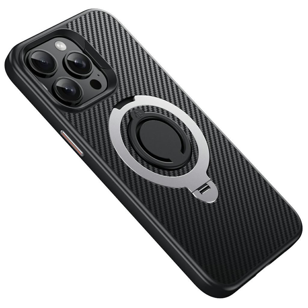 For iPhone 13 Pro Case Compatible with MagSafe Kickstand Carbon Fiber Texture PC+TPU Back Cover with Silicone Ring