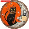 2d Flat 20*20cm, Halloween Home Decoration, Halloween Retro Black Cat and Moon Wooden Circular Creative Decoration Signboard, for Home, Kitchen Garden
