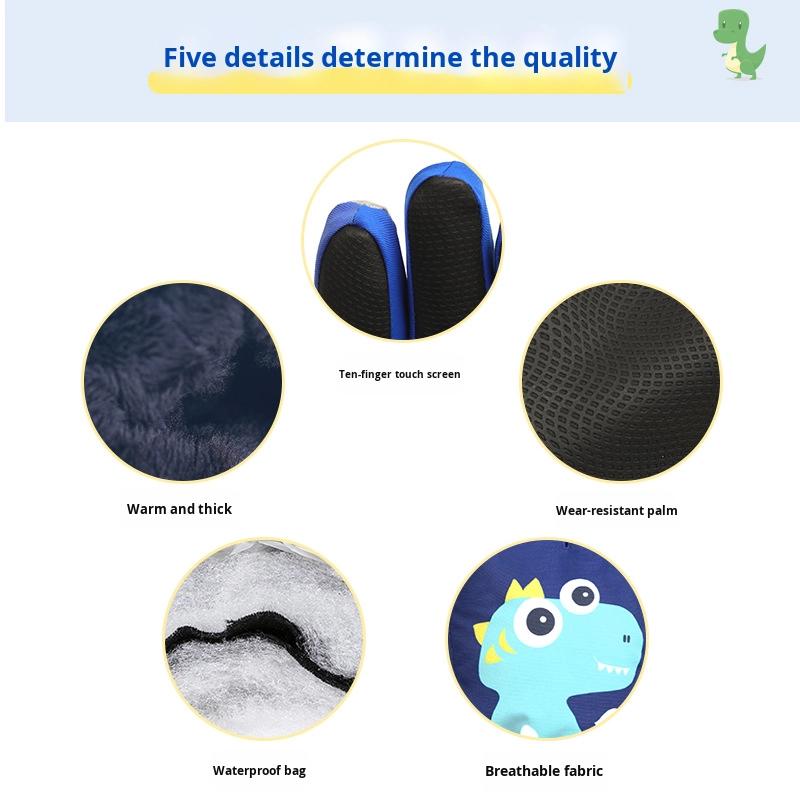 Cartoon Five-Finger Ski Gloves for Boys Dinosaur-Themed Warm Cycling Gloves for Elementary School Students Winter Cold-Proof