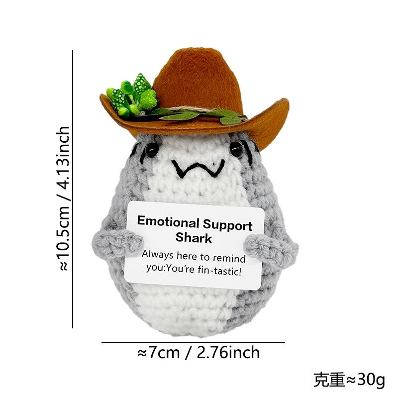 Funny Crochet Positive Energy Cowboy Hat Shark Doll With Card Home Room Decoration New Handmade Knitted Shark Ornament Gift