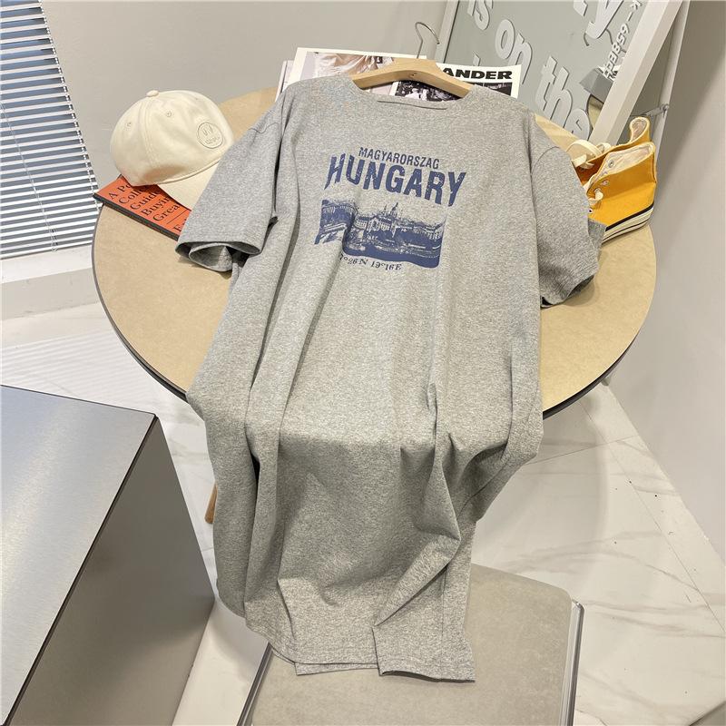 

Летняя корейская версия с коротким рукавом, персонализированное свободное повседневное платье, женский большой размер, средней длины, с разрезом, футболка-юбка XXL светло-серый