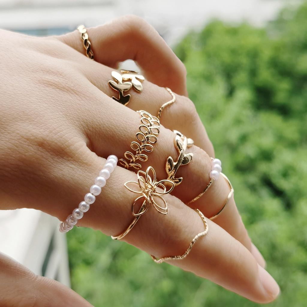 10Pcs Imitation Pearl Leaf Flower Rings Set For Women Rhinestone Butterfly Finger Ring Metal Knuckle Finger Ring Jewelry