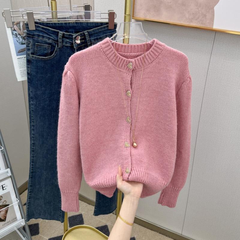 Soft glutinous love buckle knitted cardigan women's autumn and winter thickened gentle wind sweater jacket high-end top