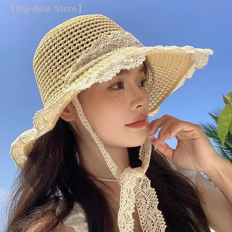 Women's Lace-Up Visor Straw Hat, Wide Large Brim, Foldable Sun Hat for Summer Beach, UV Protection Cap