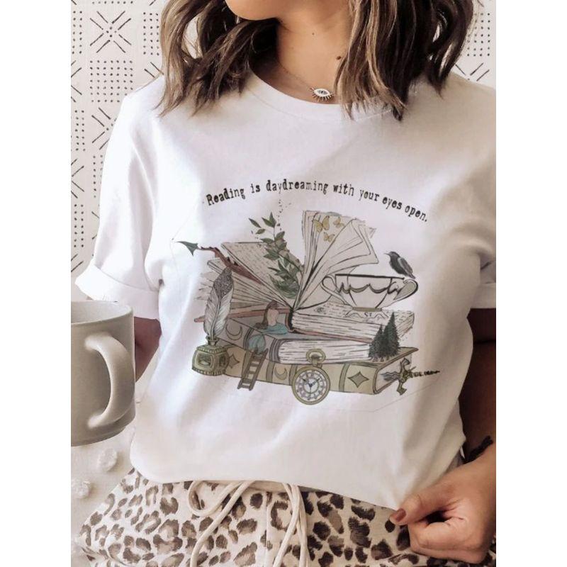 3D Book Printed Short Sleeve T-shirt 3D Book Print Round Neck Short Sleeve T-shirt