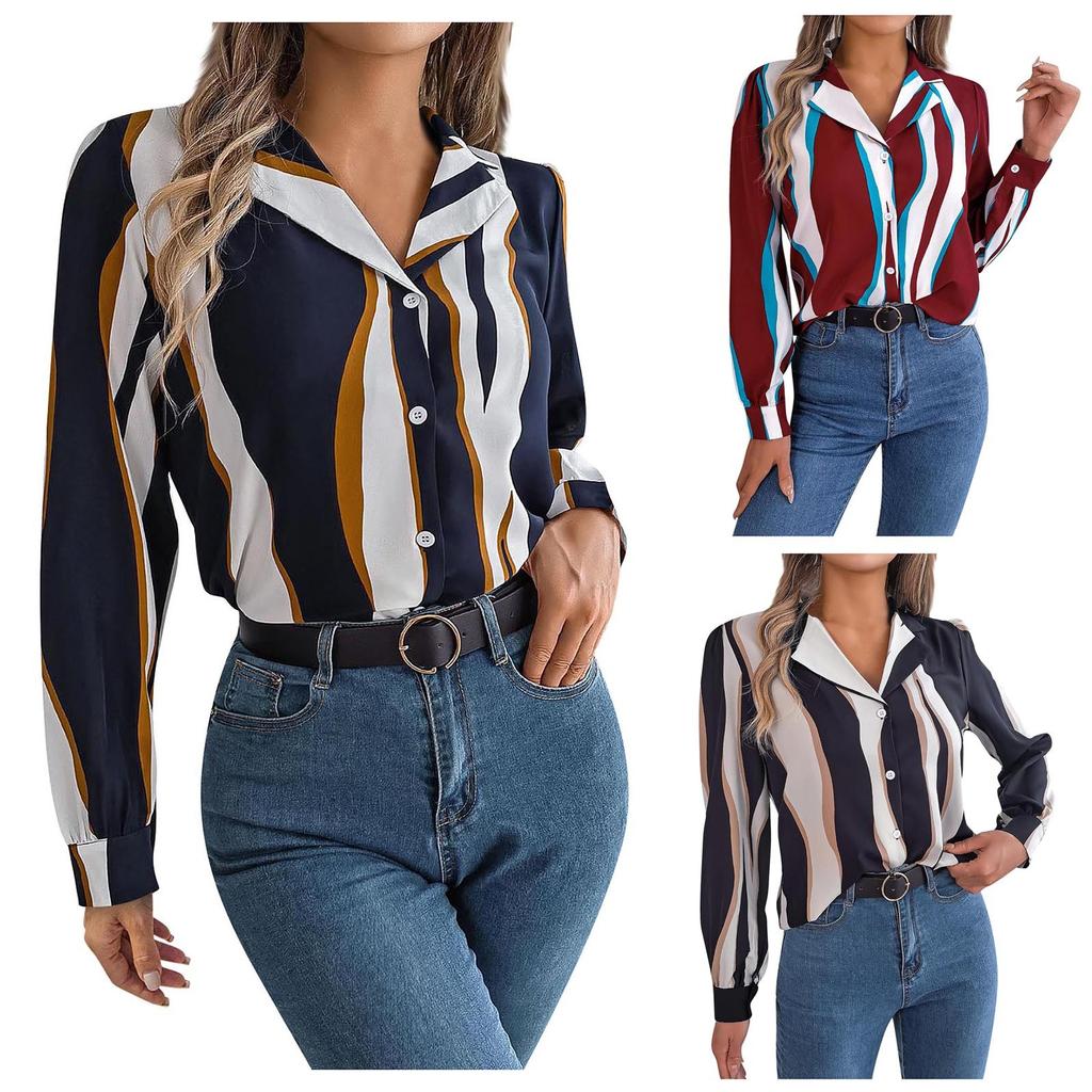 Women's And Winter Casual All- Contrasting Color Striped Suit Collar Long-sleeved Shirt