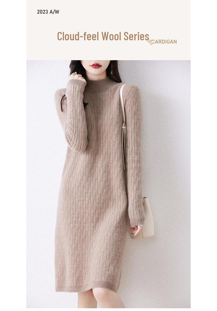 Women's Mid-Length High Neck Pure Wool Cashmere Sweater Dress - Thickened Knit for Autumn Winter