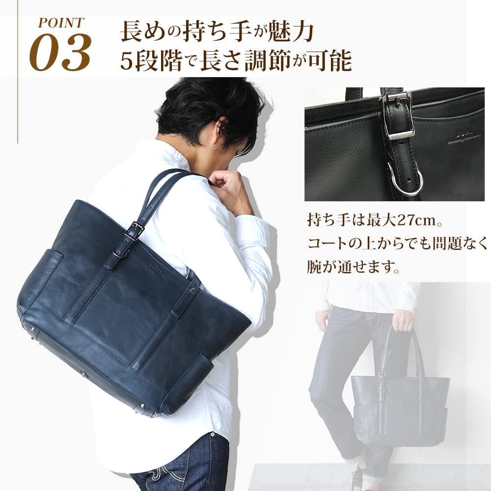 Joya Men's Genuine Leather Tote Bag, Large Capacity, Horizontal Business Bag with Leather Charm, Black, J4706