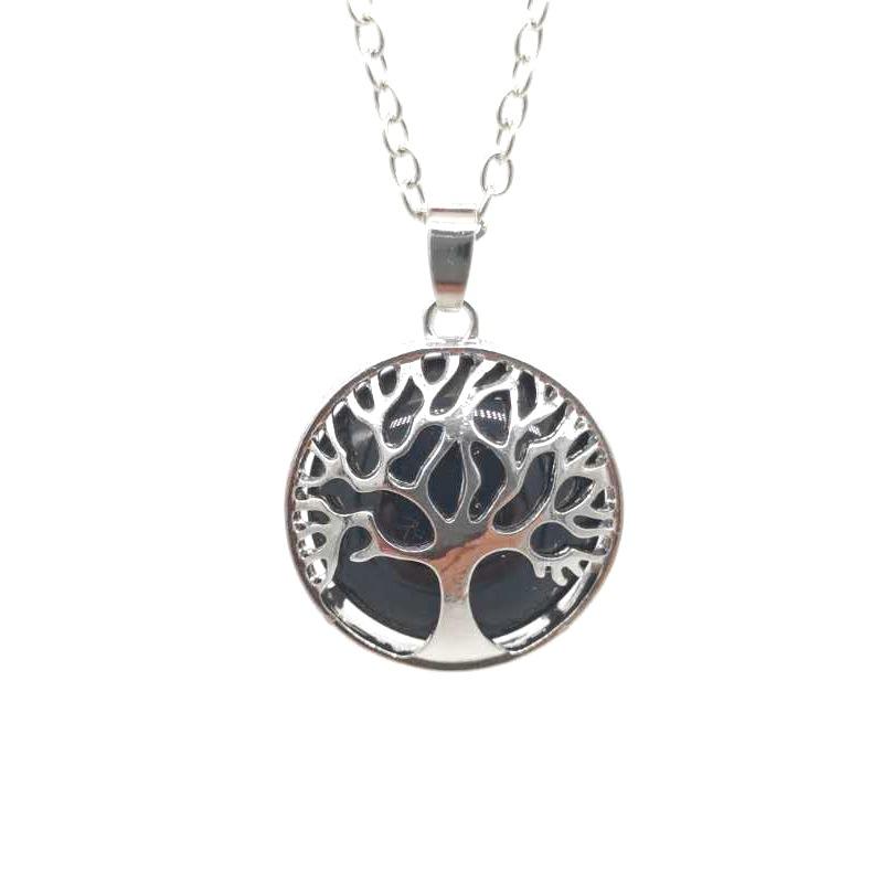 Multi-Color Hollow Natural Stone Pendant Item Round Alloy Tree Of Life Necklace Elegant And Fashionable