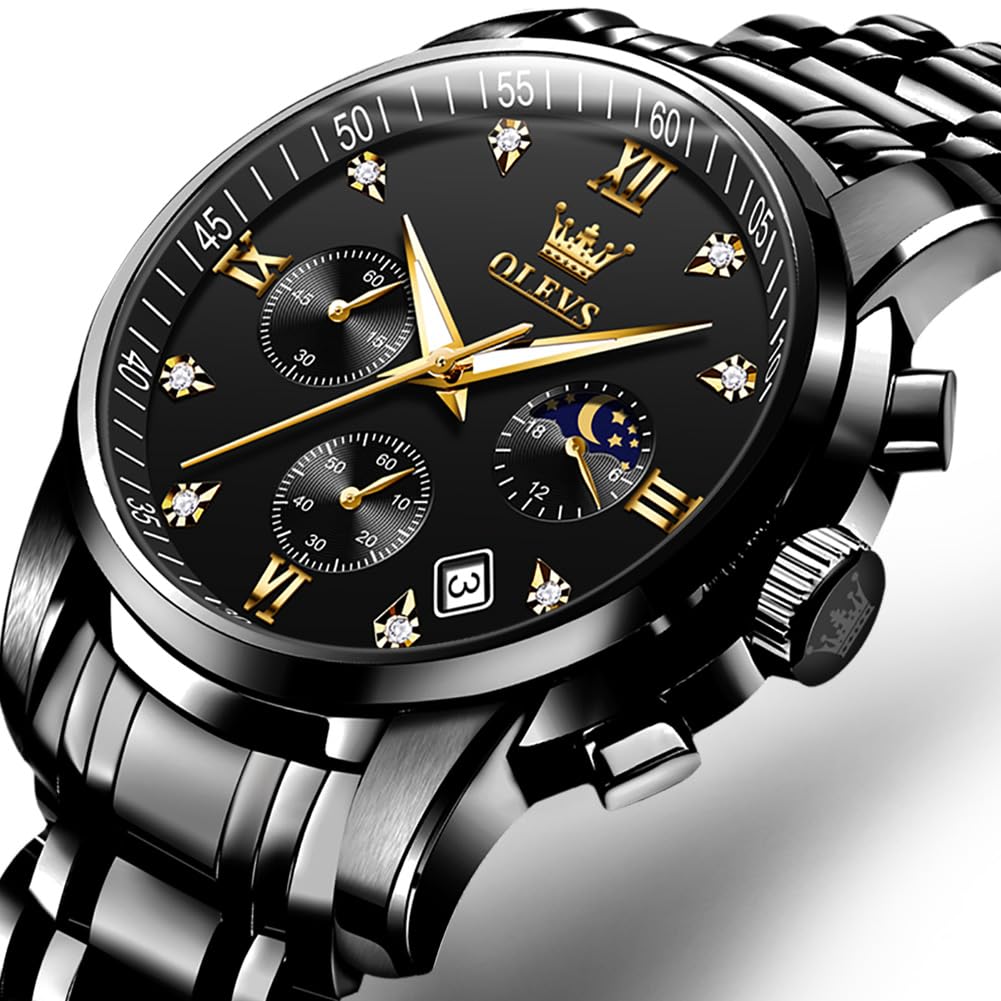 OLEVS Watch with Moon Date Quartz Stainless Simple and Luminous Black Men's Phase, Timer, Display, Movement, Waterproof, Steel, Fashionable, Design,