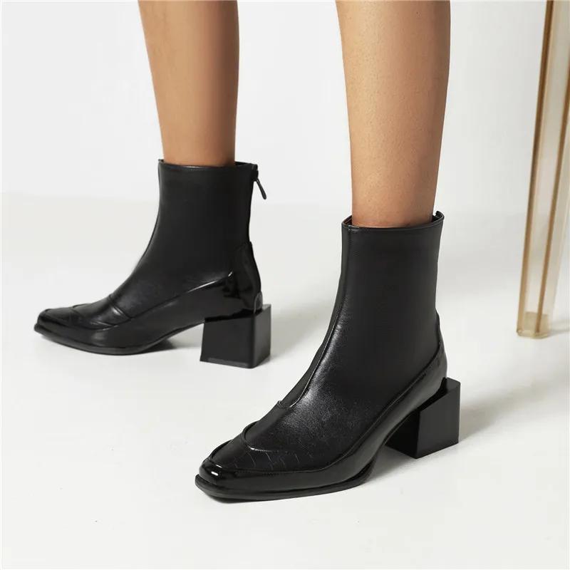 Stylish Women's Square Toe Denim Ankle Boots High Block Wooden Heels Winter Autumn Big Size Ladies Blue Jeans Zipper Short Boots