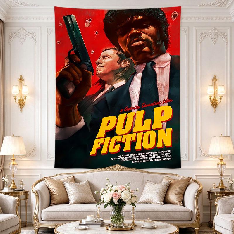 Pulp Fiction poster, John Travolta and Samuel L. Jackson in black suits, bold yellow PULP FICTION letters against deep red Wall Tapestry