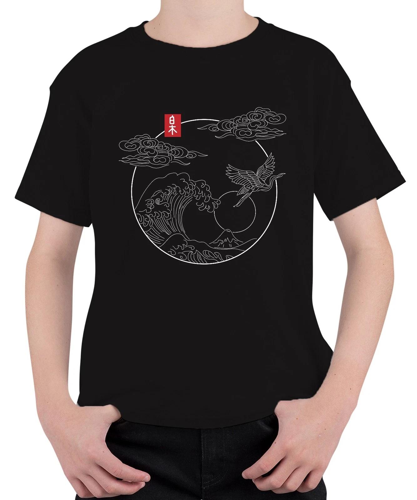 Japanische Welle Kranich Fuji Sonne Wolken Kreis Linienkunst Unisex Kinder T-Shi XXXXL