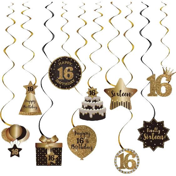 Happy 16th Birthday Hanging Swirls Streams Ceiling Decorations, Celebration 16 Foil Hanging Swirls with Cutouts for Sweet 16 Years Old Black and Gold