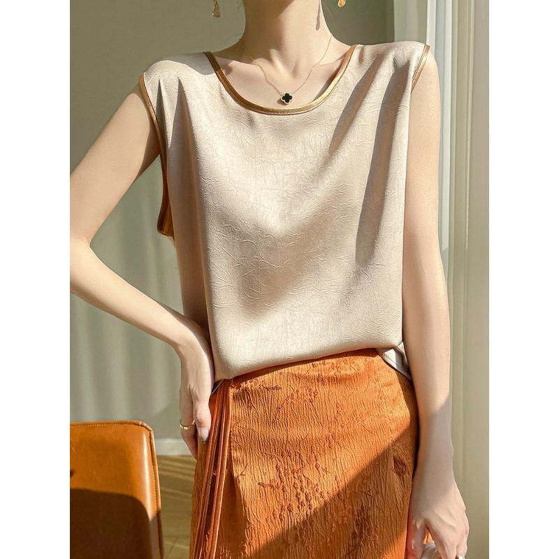 High-end Summer Style Round Neck Gold-edged Contrasting Suspender for Women Niche T-shirt for Women for Women Silky Satin Wide Shoulder Strap Vest