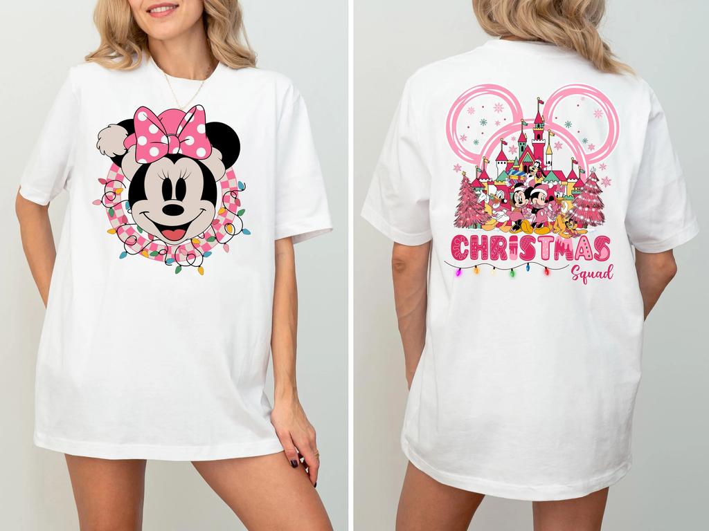 2025 New Christmas Squad Mickey & Friends Holiday Tee Christmas Party Tee Trip Women's Men's 100% Pure Cotton Printed T-shirt