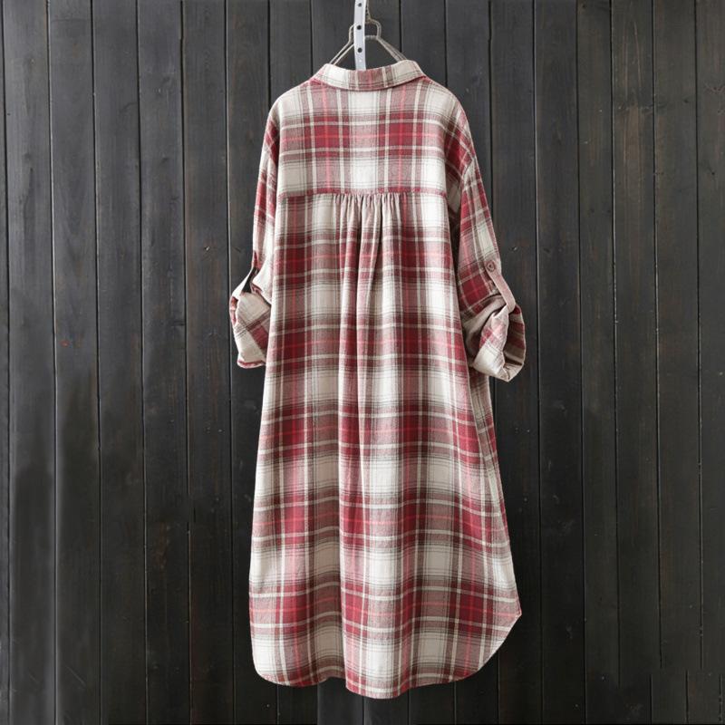 Plus Size Lightweight Retro Women Button Front Shirts for Spring/Summer Mid Length Plaid Blouse Long Sleeve Tops Blusa Feminina