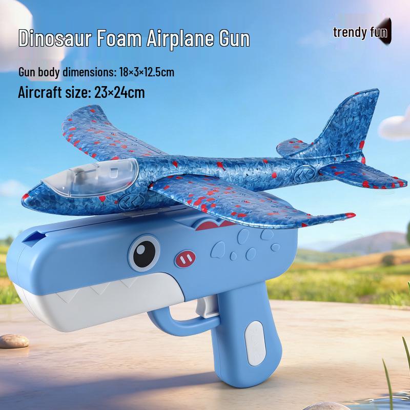 Dinosaur Shaped Foam Plane Launcher - Durable Outdoor Glider Toy for Kids Dinosaur Blue Gun + Blue Non-light Plane