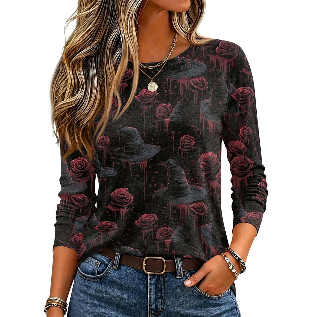 Women's Halloween Printed Neck Long Sleeve Pullover Top