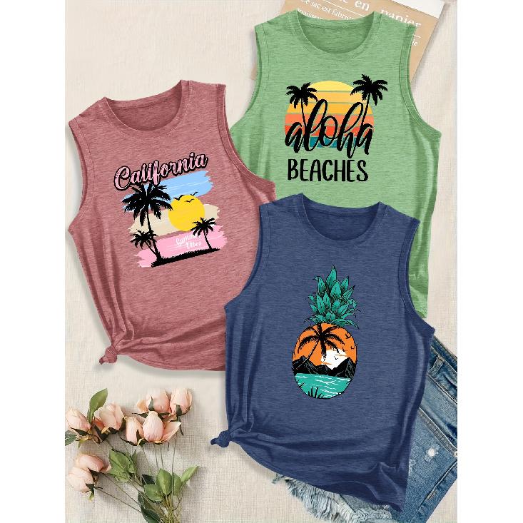 Simple summer design with coconut tree and English letter combination print pattern, round neck3Sleeveless vest spring/summer women's top