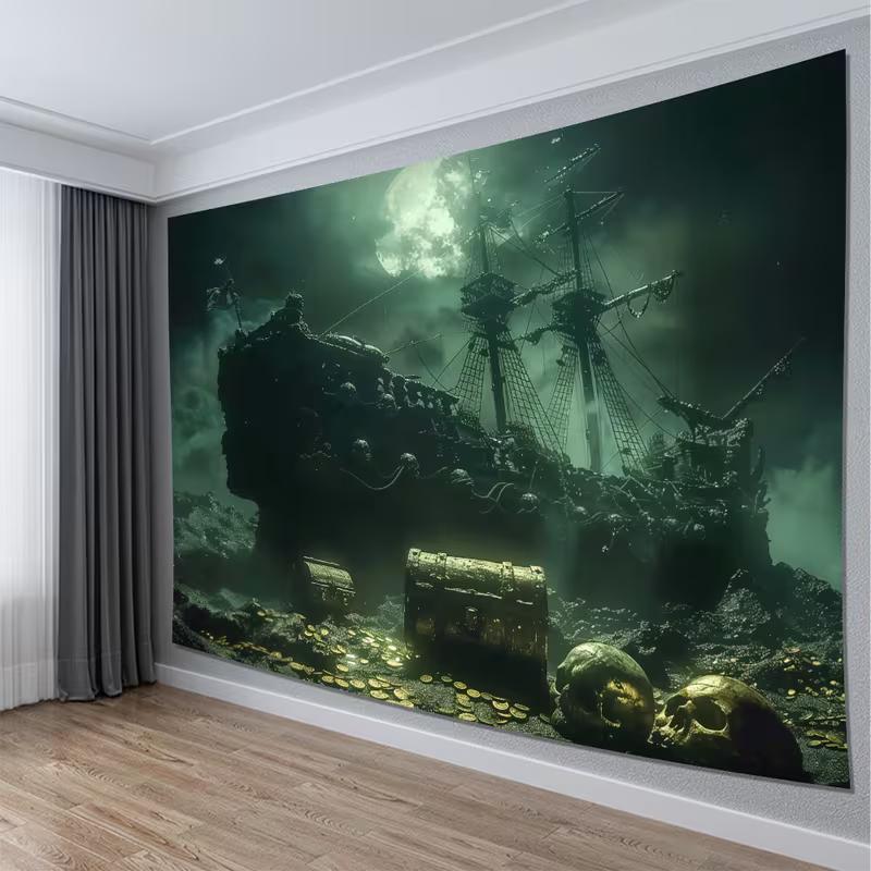 2D Piratenschatz Wandteppich, Dunkles Meer Geisterschiff & Mond Wandkunst für Heimdekoration