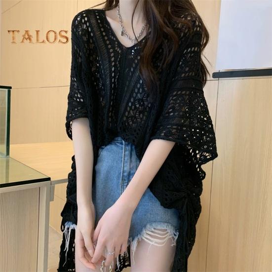 Cover Up Dress V-Neck Short Sleeve Hollow Out Breathable Loose Fit Summer Tops Beach Bikini Cover Up