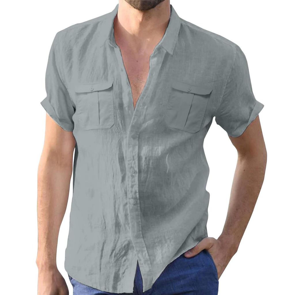 Men's Summer Solid Color Cotton Linen Short Sleeve Shirt Casual Fashion Loose Lapel Shirt