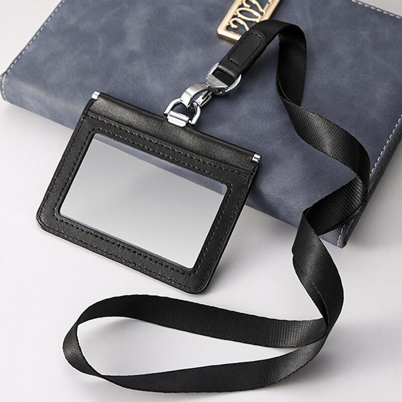 2-Sided Transparent Window Badge Holder ID Business Work Card Holders Genuine Leather Card Case with Lanyard (Can Hold 4 Cards )