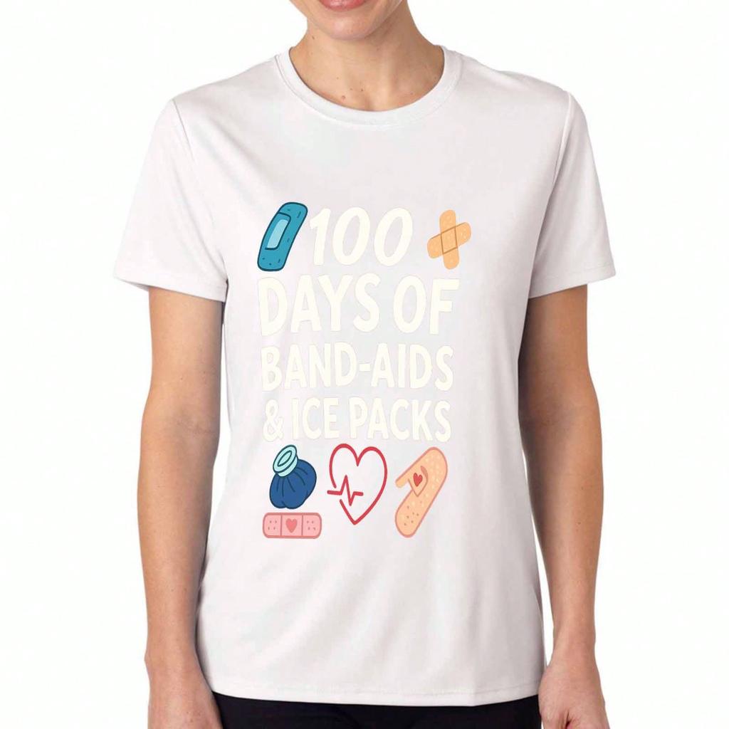 100 Days BandAids Ladies Cotton T Shirt, Premium Cotton Print, Durable, Casual Fashion, With Funny Bandage Cartoon Character And Heart Graphic, And S