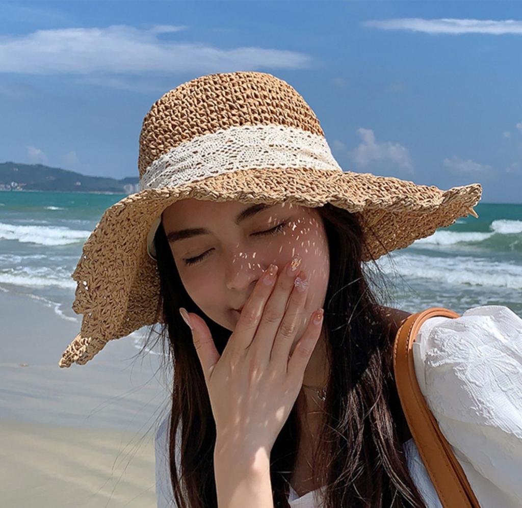 Straw Hat Lace Embellishment Bucket Hat Lace Hat Bucket Shape For Outdoor Activities Women's Accessory Sun