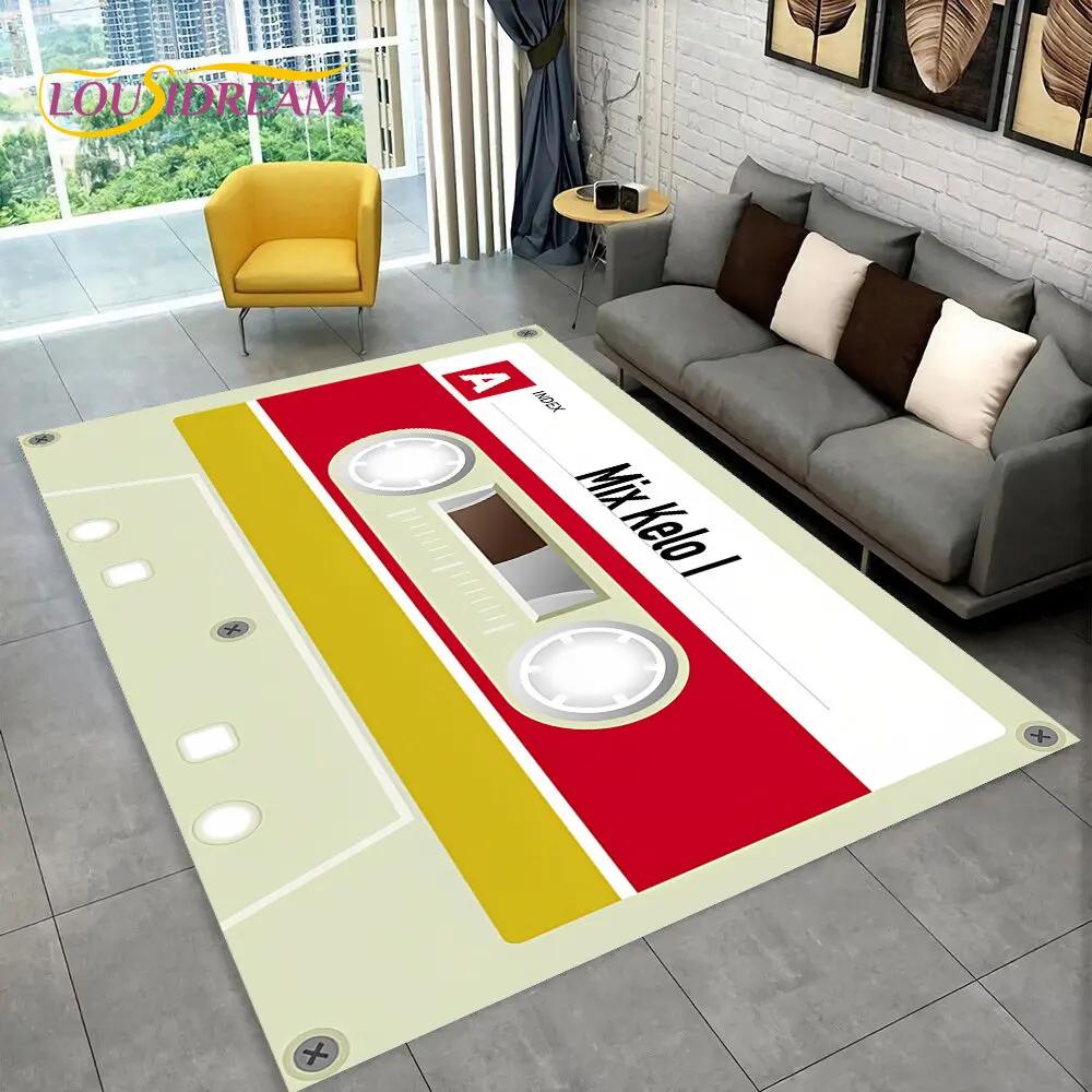 Alfombra de Área Grande con Patrón de Cinta de Cassette de Música Retro, Alfombra para Sala de Estar, Dormitorio, Sofá, Felpudo Decorativo, Felpudo Antideslizante