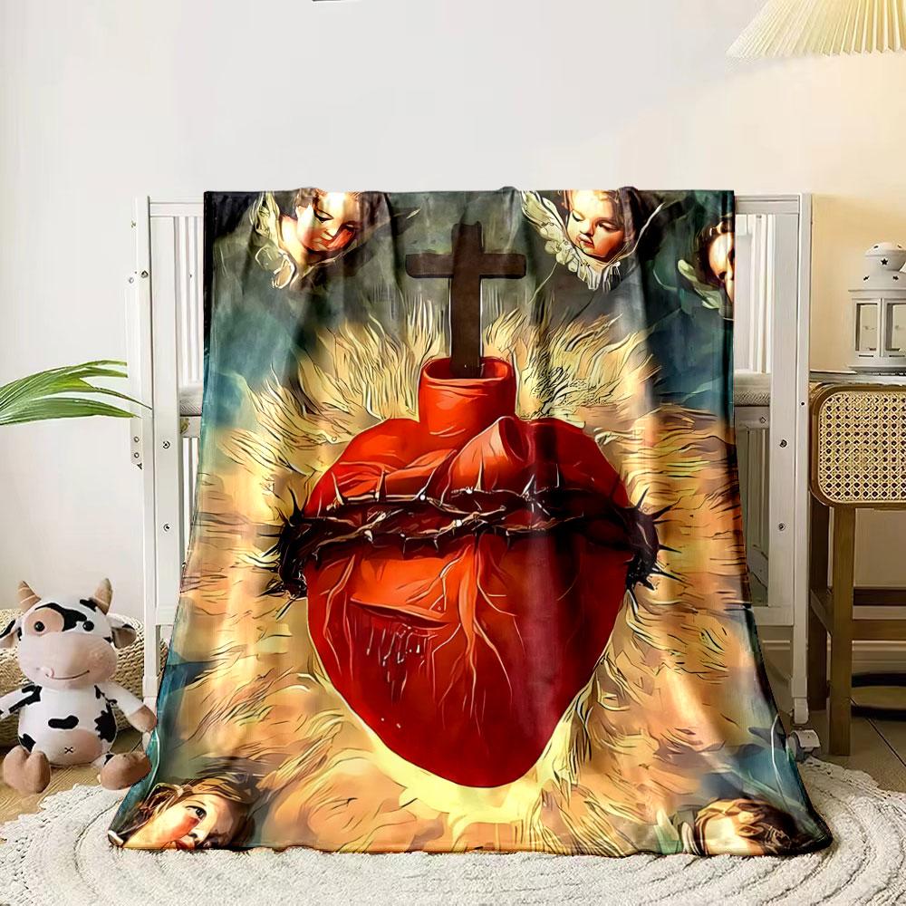 

A flaming Sacred Heart with a crown of thorns and a cross above. for all seasons blanket lunch break throw gift 80cm x 120cm