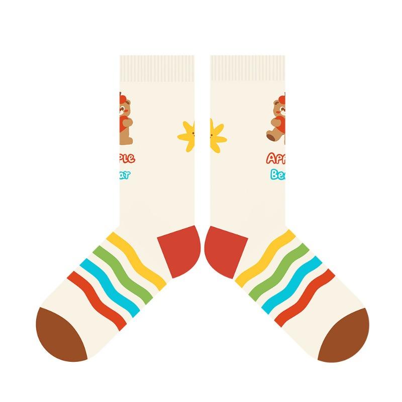Cute Striped Apple Teddy Bear Mid-calf Cotton Socks - Pile-style Winter/spring Children's Cartoon Sports Socks