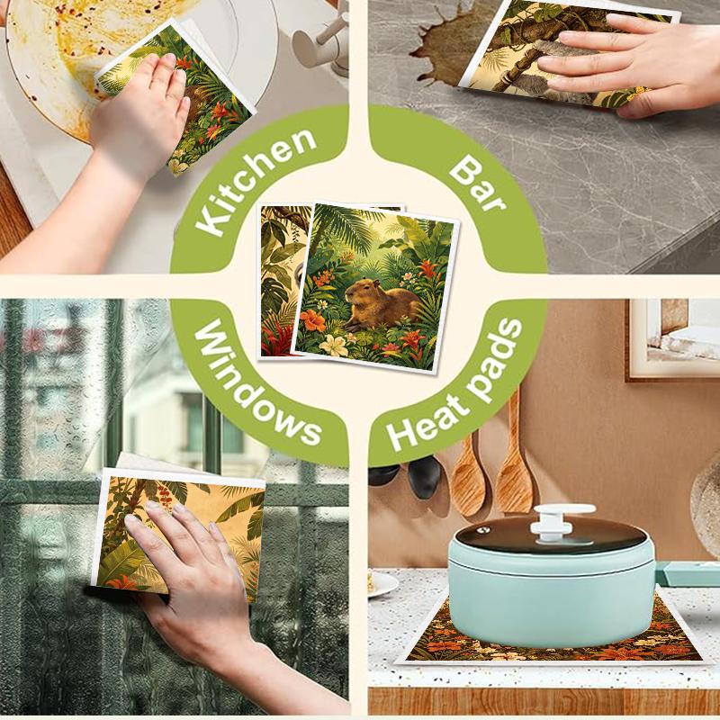 6PCS Cleaning Dishcloths Reusable Kitchen Dish Towels Tropical Animal Pattern Dishcloth Absorbent Lint Free Cloth Washable Duster Rags Tea Towels