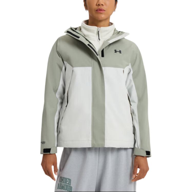 Under Armour Waterproof Windproof Warm Color Block Hooded Three In One Long Sleeve Jacket Women jackets Jungle-Green 6001978-504