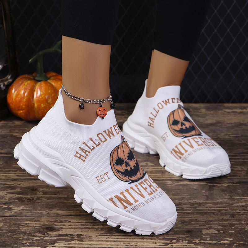 Halloween Style Platform Sneakers Women Breathable Knitted Soft Sports Shoes Ladies Comfort Flat Heels Non-Slip Casual Shoes