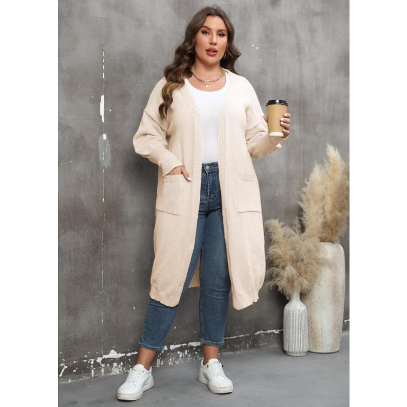 Damen Übergröße Locker Mittellang Laternenärmel V-Ausschnitt Doppeltasche Strick Cardigan Pullover