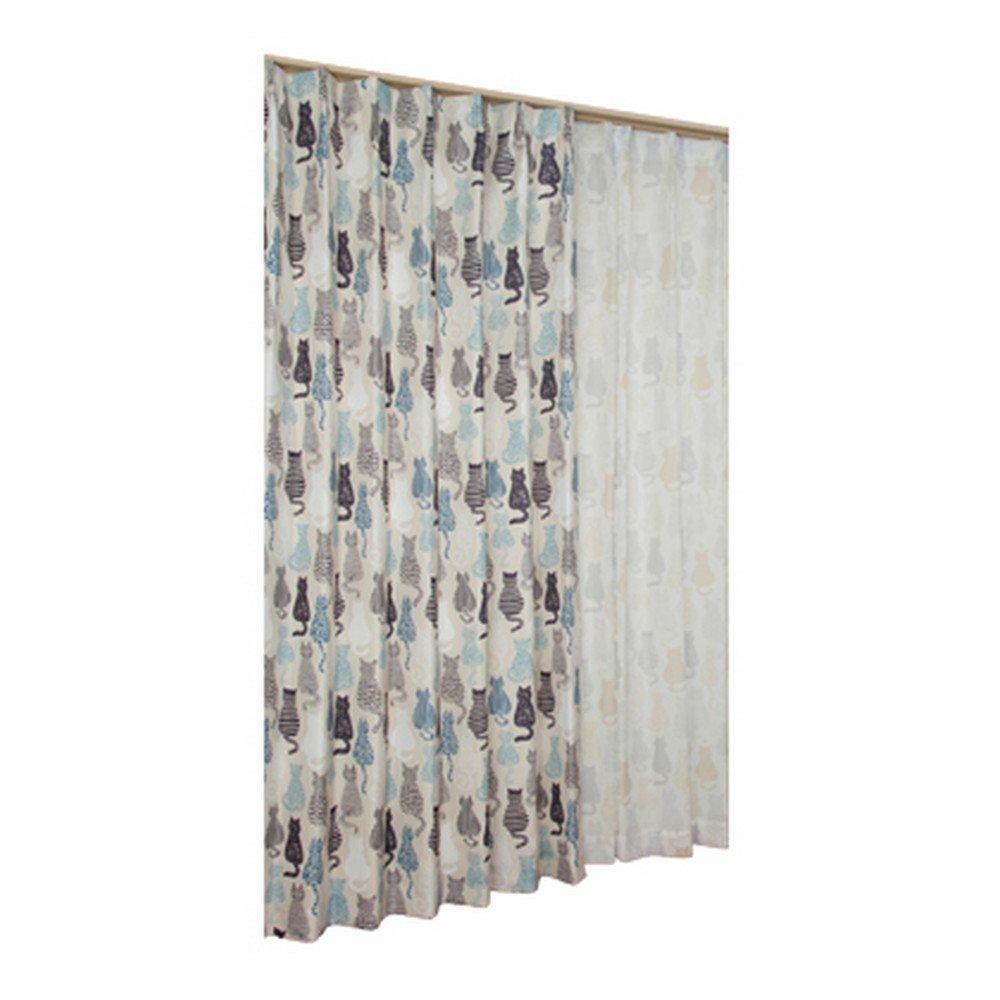 

Univer Cat Pattern Drape Lace Curtain 100cm Wide x 200cm Set of 4 & Set, Nyakayoshi, Blue, Long,