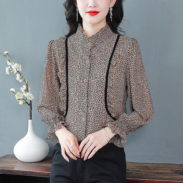 

Шифоновая рубашка с принтом, весенне-осенняя новая модная блузка с леопардовым принтом, тонкий женский уменьшающий возраст топ с воротником-стойкой и длинными рукавами M красно-коричневый