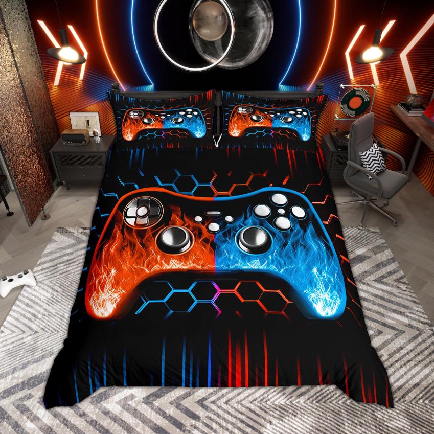 Homewish Pojkar Spelare Gaming Påslakan Set Neonlys Honungskaka Sängkläder Svart Vändbart Täckeöverdrag Set