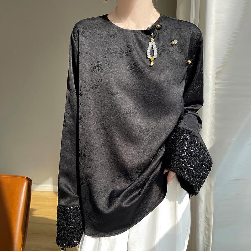 Chinese Style Summer New Chinese Style Shirt Jacquard Satin Cuff Sequins Fashionable Temperament Fashionable Shirt Women