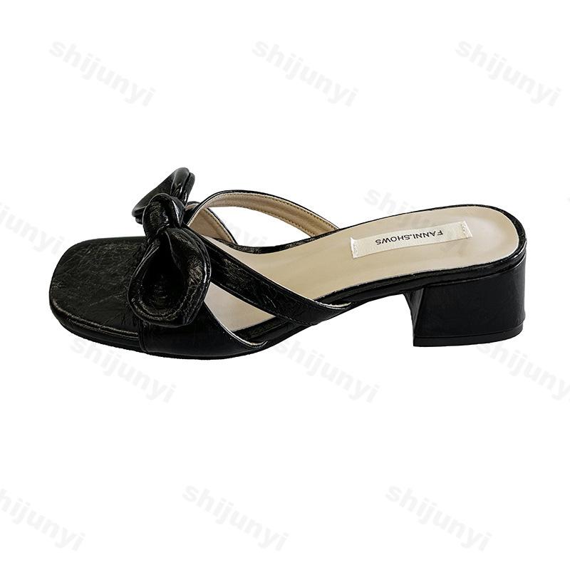 Mode 2025 Neu Sommer Elegant Schleifendesign Quadratische Spitze Mode Cool Pantoletten Damen Bequem Leicht Outdoor Strand Lässige Sandalen