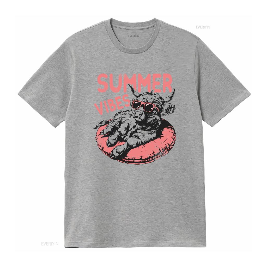 Summer Vibes T Shirt Highland Cow Design Retro Funny Beach Vintage Washed Comfortable Streetwear Unisex Breathable Slightly