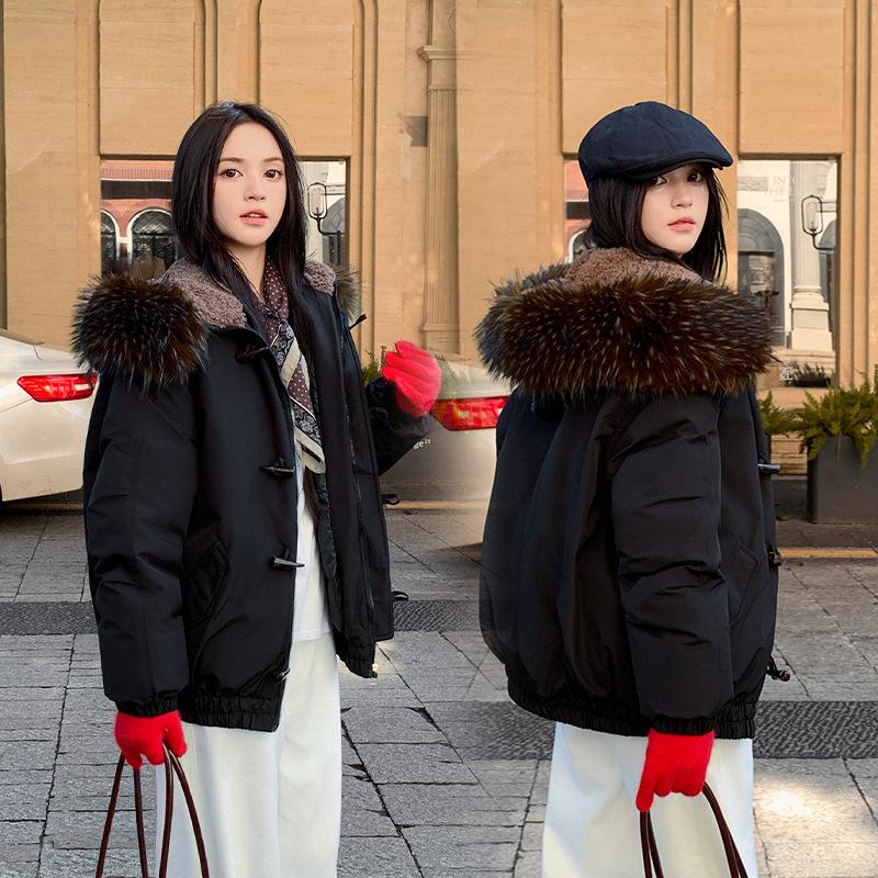 Horns Buckle Big Fur Collar Hooded Cotton-padded Jacket Women's Short Workwear Parkas