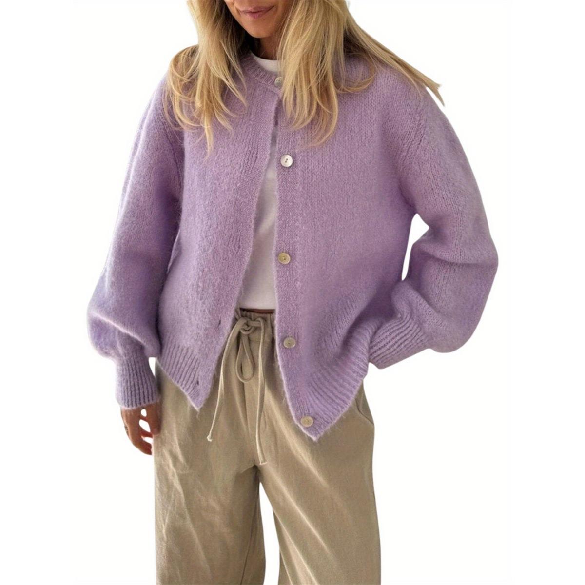 JR-Studio Kleurrijke gebreide cardigan voor dames, Europees en Amerikaans herfst- en winter effen kleur cardigan, Macaronkleurige trui cardigan voor dames L paars