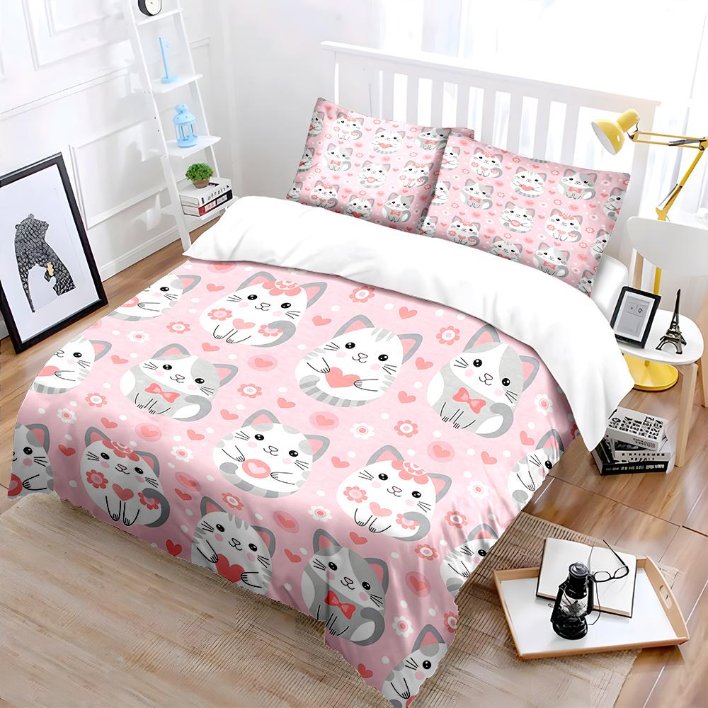 Cute cats with heart patterns Bedding Set for Kids Luxury Gift 3pcs Digital Print Comforter Set Soft Comfortable Breathable