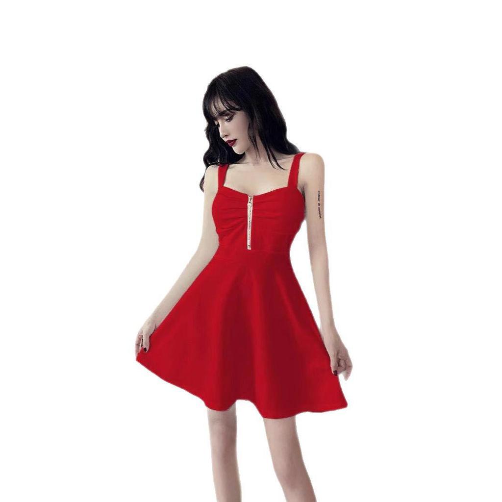 Letní A-liniové šaty se špagetovými ramínky s volánky a zipem