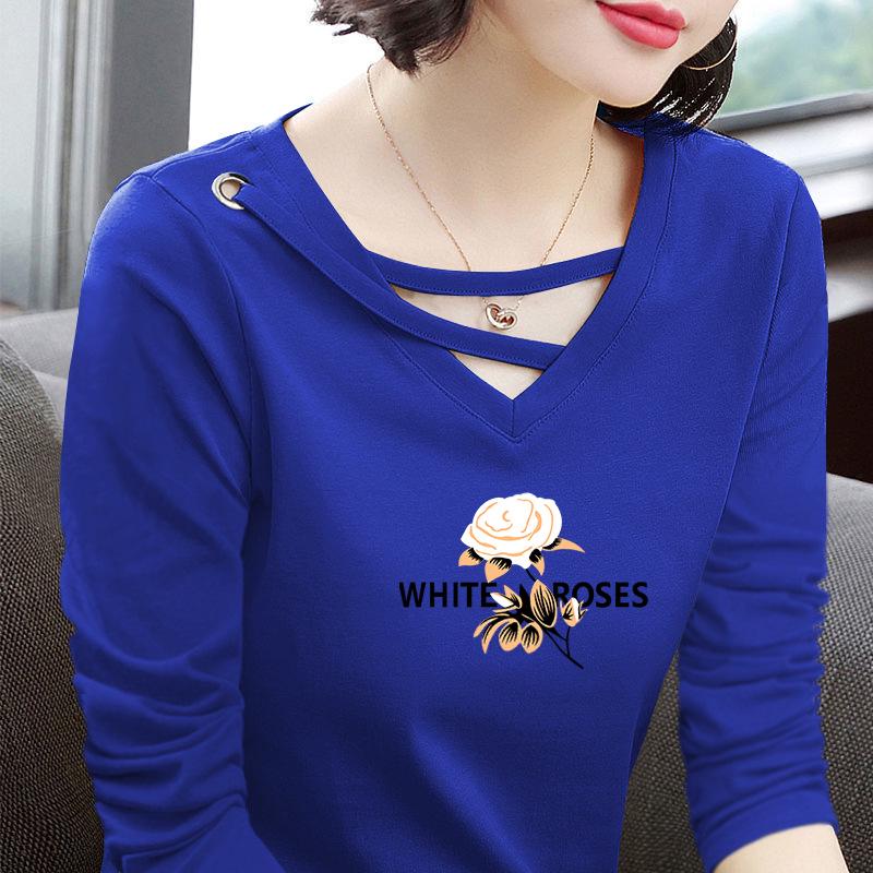 2025 Spring & Autumn Pure Cotton V-Neck Printed Long Sleeve Plus Size T-Shirt for Middle-Aged Women, Age-Reducing & Slimming Design.