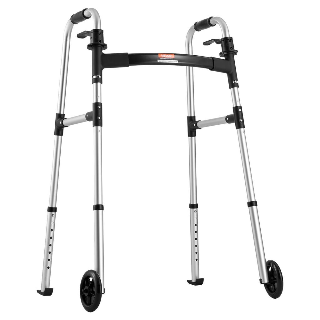 Folding Walker, 2-Button Foldable Walker with Solid Wheels & 8-Level Adjustable Height, 159KG Loading Lightweight Aluminum Mobility Walking Aid,